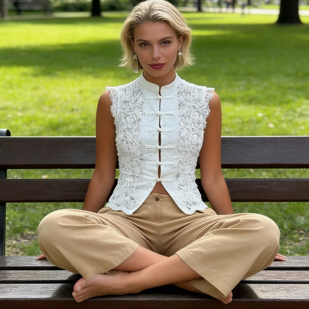 Y2K Aesthetic Solid Color Lace Crop Top Sleeveless Chinese Frog Button Vest Women'S Summer Party Streetwear