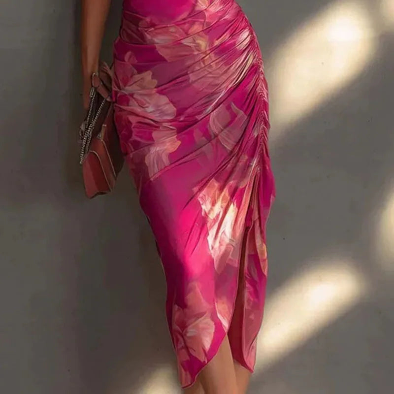 Boho Floral Print Backless Split Women Dresses Spring Sexy Tie-Up Halter Hollow Party Dress Summer Sleeveless Pleated Maxi Dress