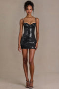 Vestido mini corsé de encaje con lentejuelas negro glamoroso