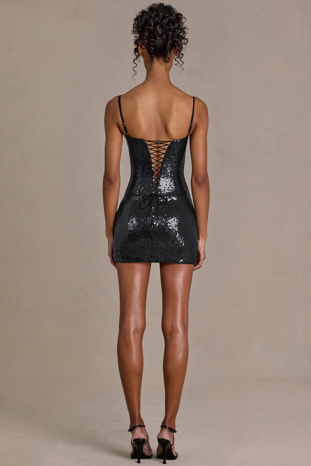 Vestido mini corsé de encaje con lentejuelas negro glamoroso