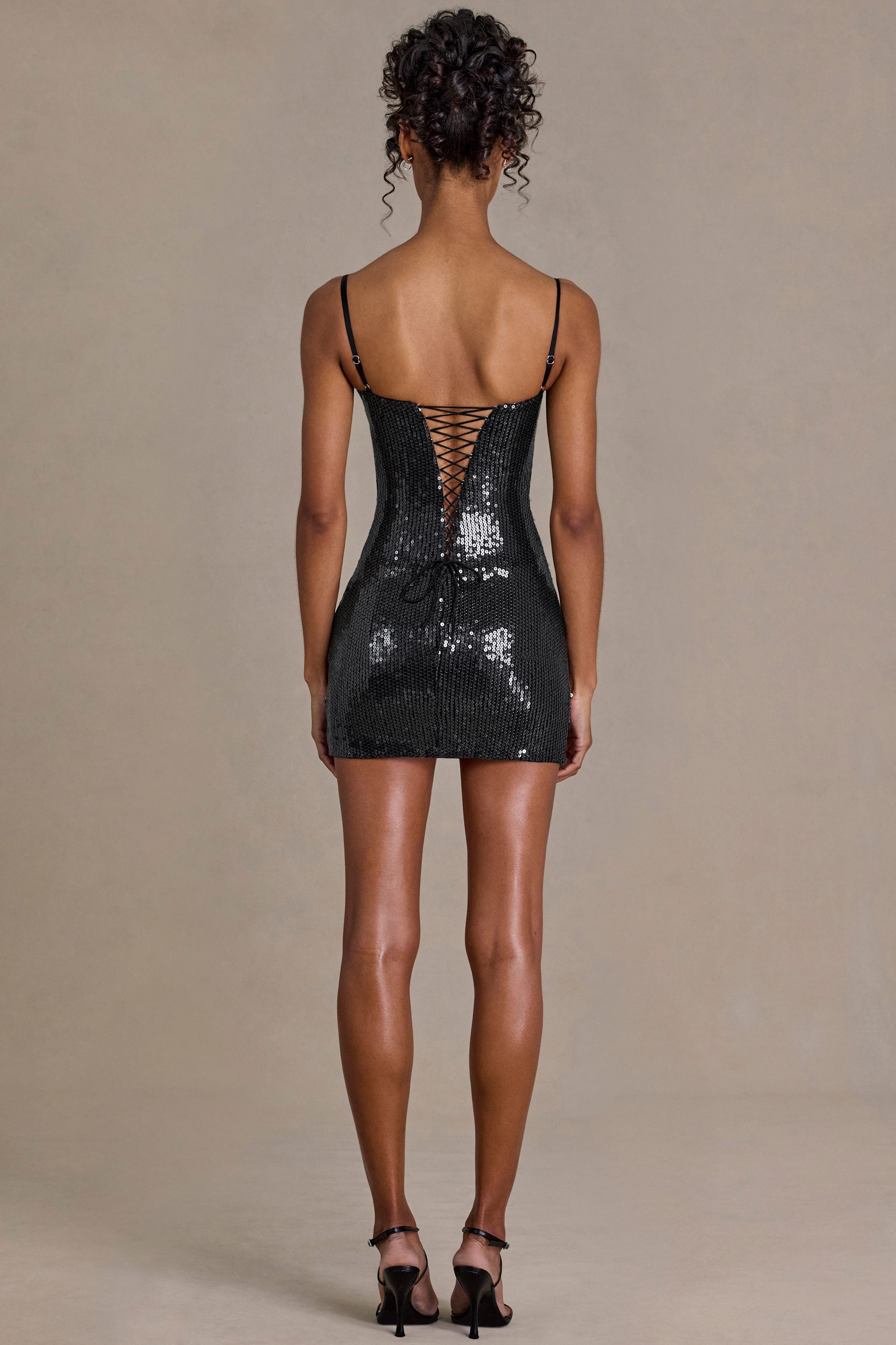 Vestido mini corsé de encaje con lentejuelas negro glamoroso