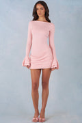 Vestido corto de canalé en modal con mangas largas y drapeado, color rosa empolvado