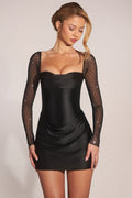 Vestido mini negro de manga larga con drapeado, elegante