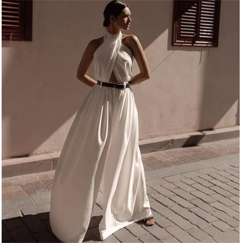 2025 European American Style New Women'S Clothing Fashion Sexy Jumpsuits Sleeveless Halter Neck Halter Jumpsuit Trousers White