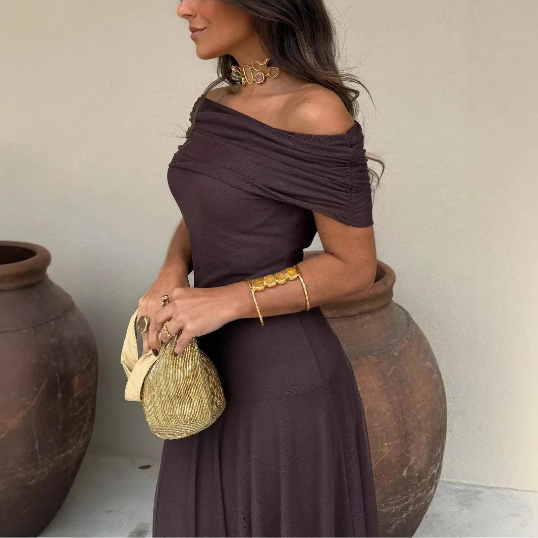 Elegant Mesh Splice Slimming Women'S Dress Artistic Vintage Style Long Skirt Princesse Style One Shoulder Sleeveless Midi Dress