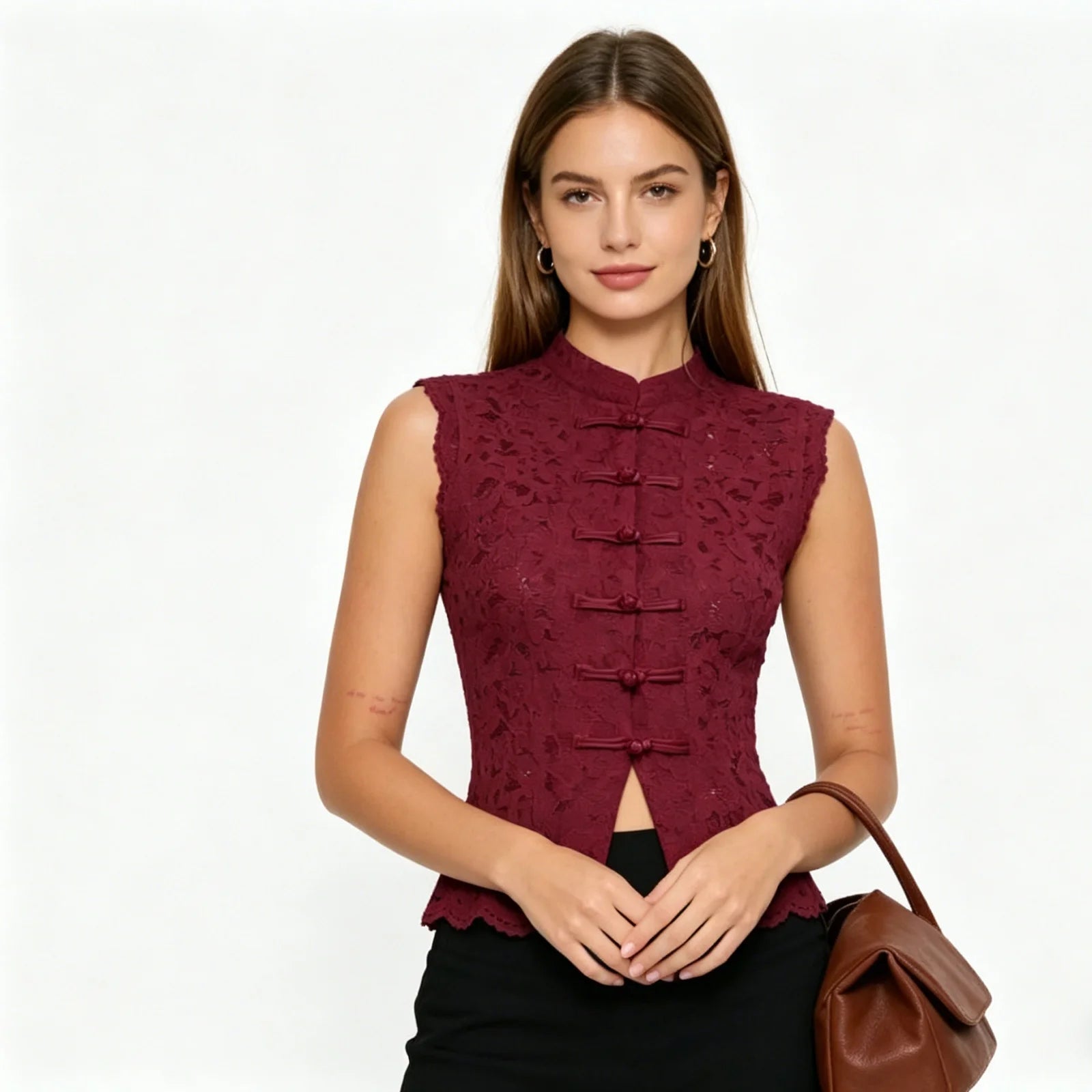 Y2K Aesthetic Solid Color Lace Crop Top Sleeveless Chinese Frog Button Vest Women'S Summer Party Streetwear