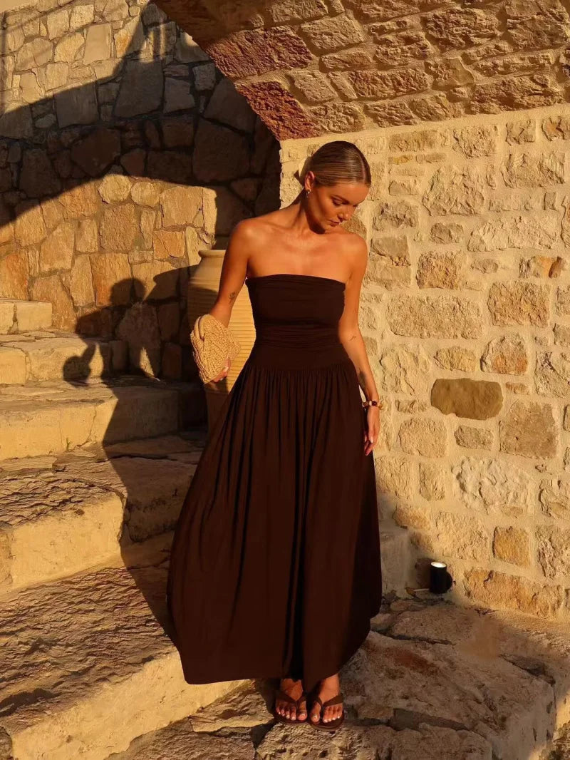 2025 Women'S New Dress Elegant Sexy Off-Shoulder Fashion Pleats Details Slimming Strapless Dress