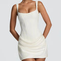 2026 New Women'S Square Neck Halter Mini Dress Sexy Pleated Sleeveless Backless High Waist Bodycon Summer Party Dress