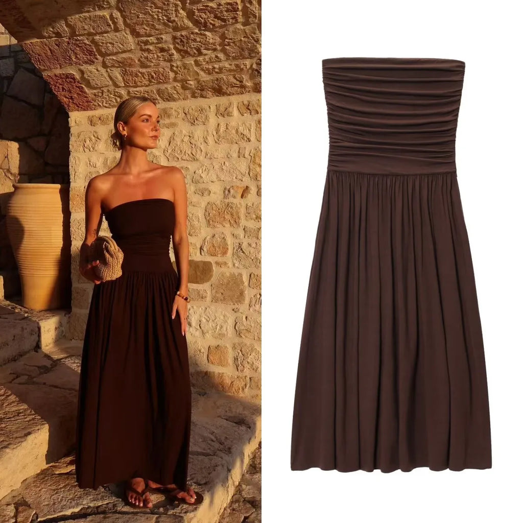 2025 Women'S New Dress Elegant Sexy Off-Shoulder Fashion Pleats Details Slimming Strapless Dress
