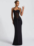 Halter Backless Sexy Maxi Dress Women Fashion Patchwork Off-Shoulder Sleeveless Ruched Draped Bodycon Club Party Dress