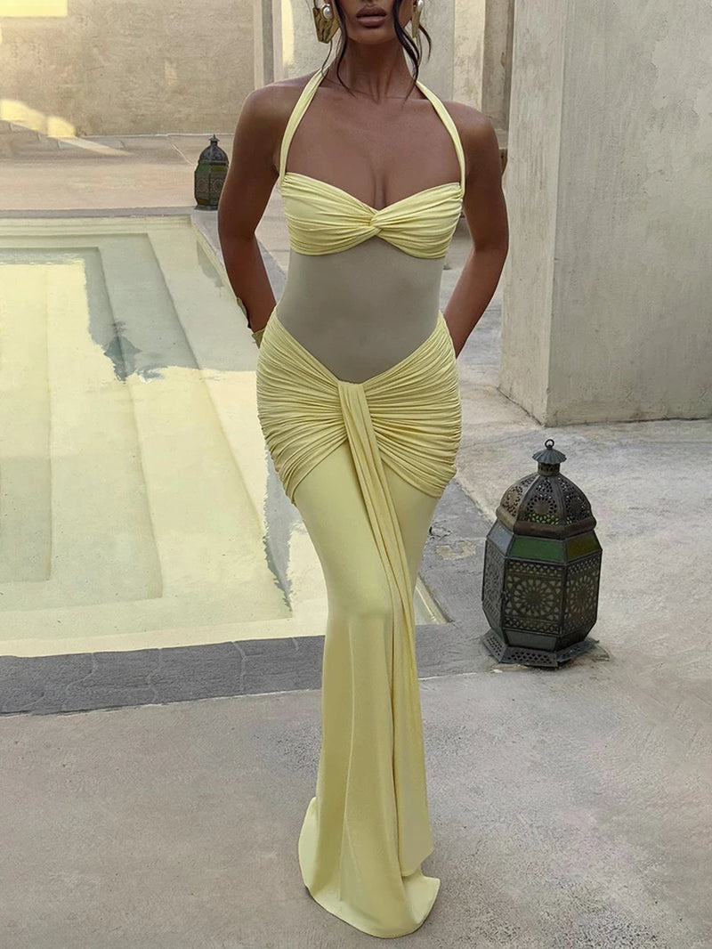 Halter Backless Sexy Maxi Dress Women Fashion Patchwork Off-Shoulder Sleeveless Ruched Draped Bodycon Club Party Dress