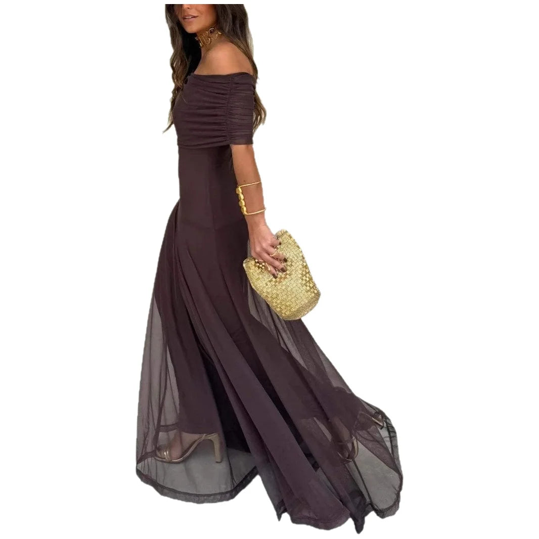 Elegant Mesh Splice Slimming Women'S Dress Artistic Vintage Style Long Skirt Princesse Style One Shoulder Sleeveless Midi Dress