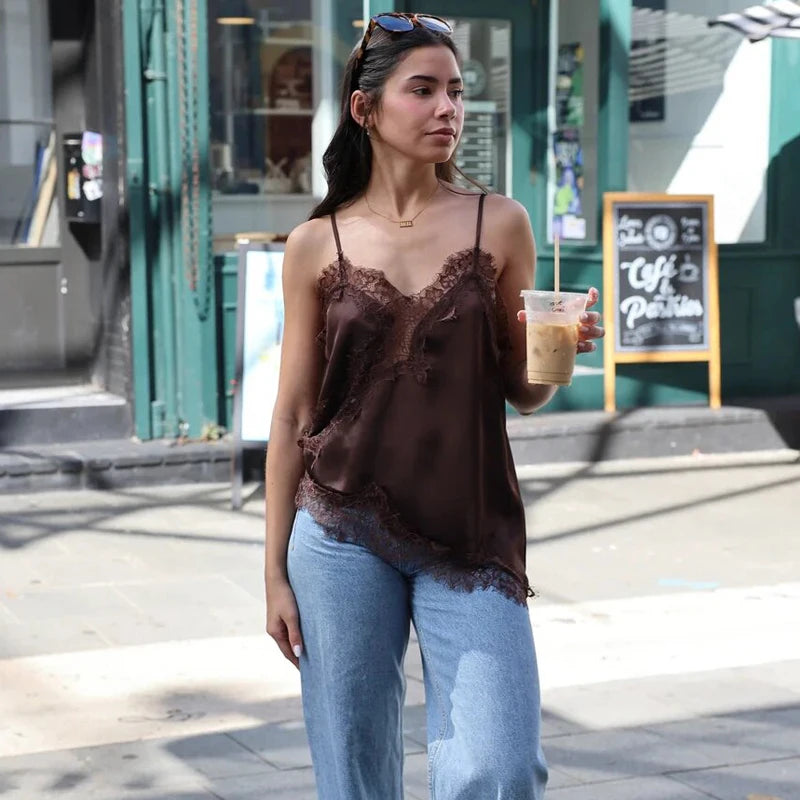 Asymmetric Lace Top Female Sexy Slip Backless Tops for Women Summer Camisole Sleeveless Tops Tanks & Camis Women'S Tops
