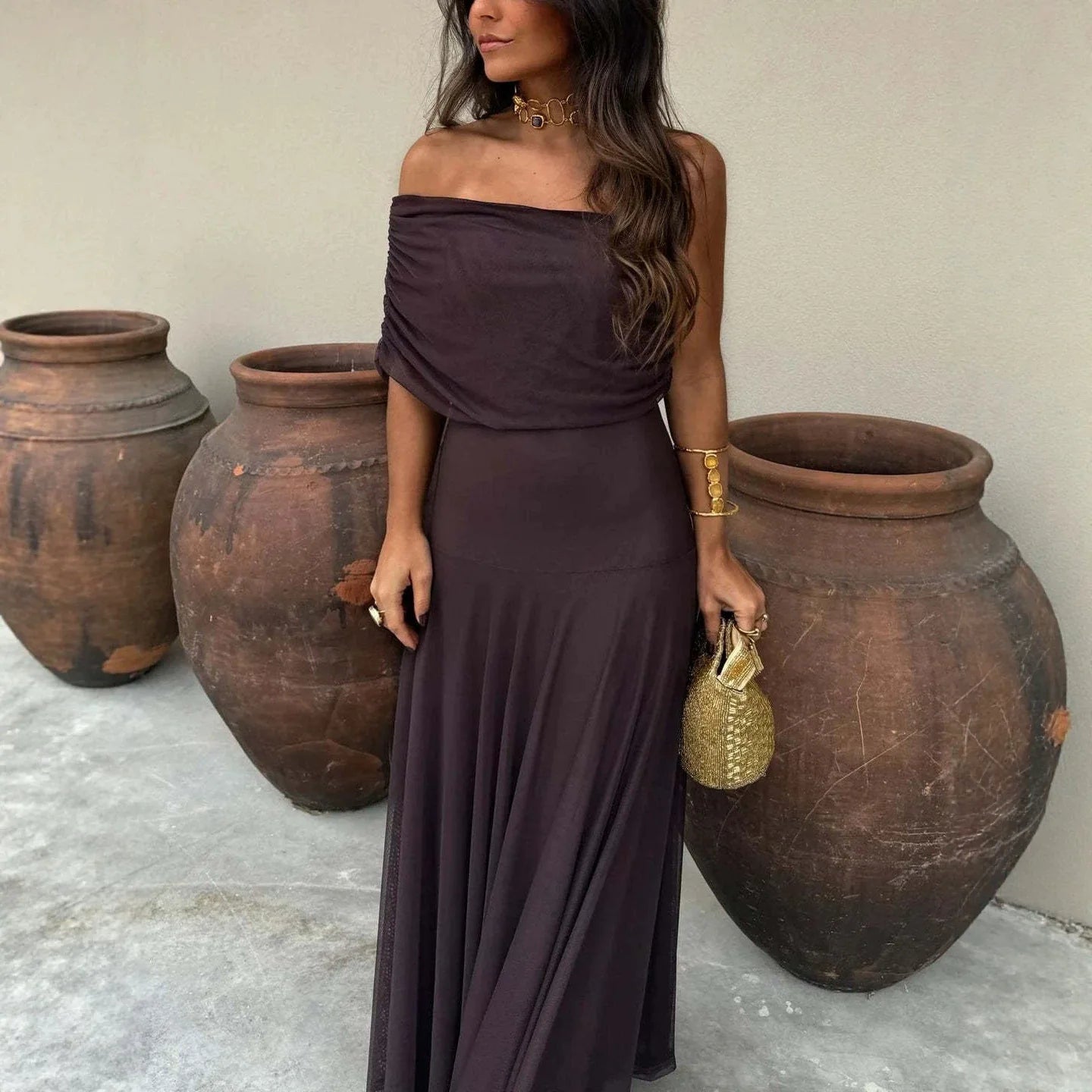 Elegant Mesh Splice Slimming Women'S Dress Artistic Vintage Style Long Skirt Princesse Style One Shoulder Sleeveless Midi Dress