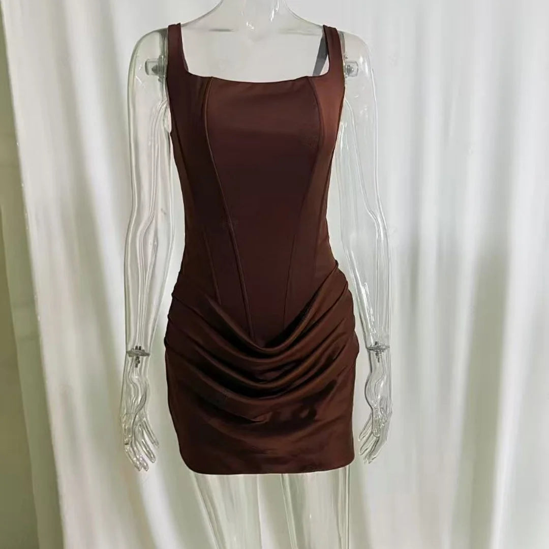 2026 New Women'S Square Neck Halter Mini Dress Sexy Pleated Sleeveless Backless High Waist Bodycon Summer Party Dress