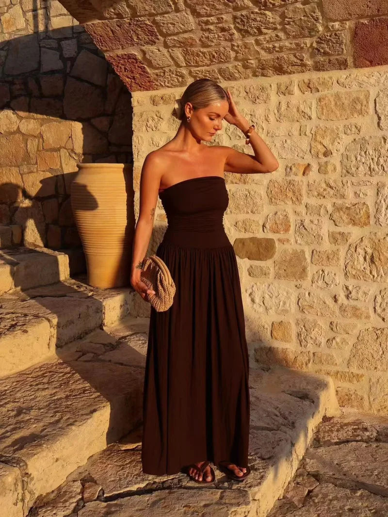 2025 Women'S New Dress Elegant Sexy Off-Shoulder Fashion Pleats Details Slimming Strapless Dress