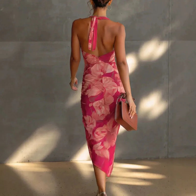 Boho Floral Print Backless Split Women Dresses Spring Sexy Tie-Up Halter Hollow Party Dress Summer Sleeveless Pleated Maxi Dress