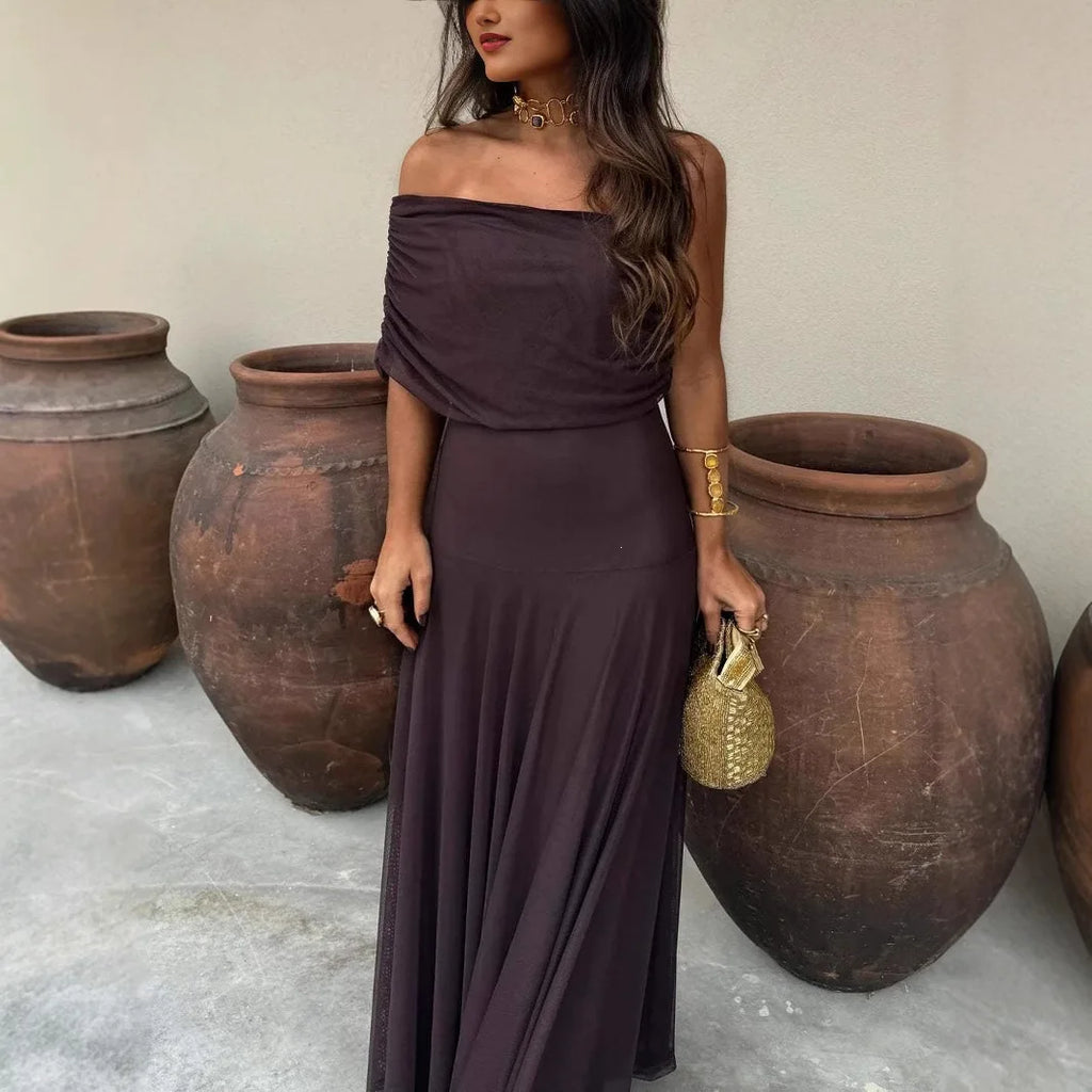 Elegant Mesh Splice Slimming Women'S Dress Artistic Vintage Style Long Skirt Princesse Style One Shoulder Sleeveless Midi Dress