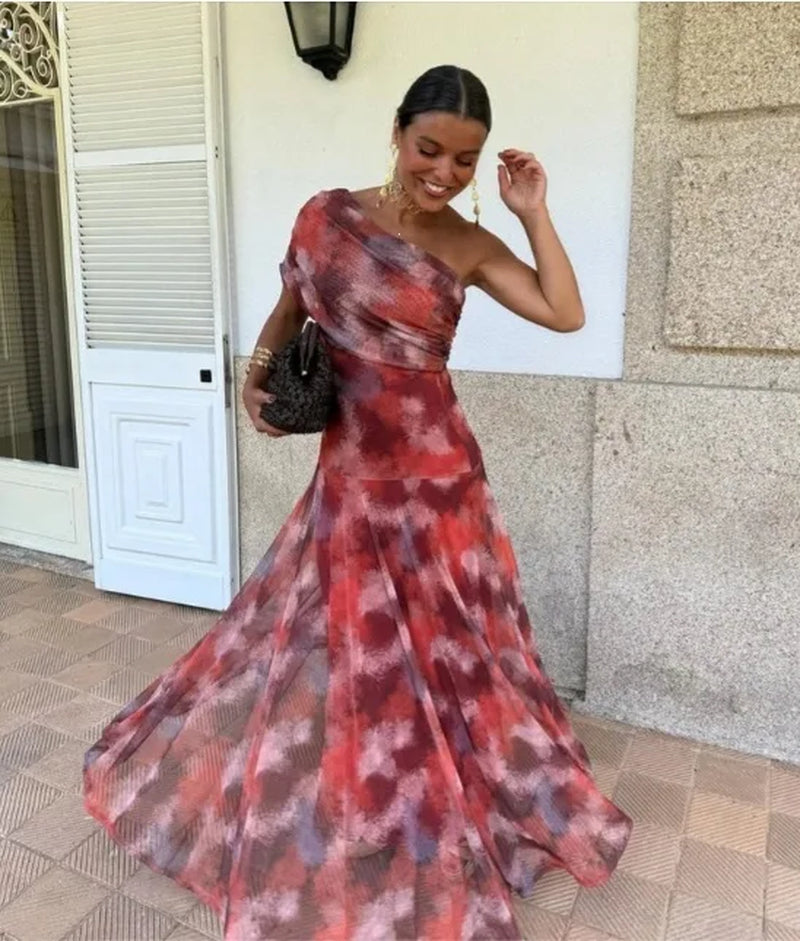 Elegant Mesh Splice Slimming Women'S Dress Artistic Vintage Style Long Skirt Princesse Style One Shoulder Sleeveless Midi Dress