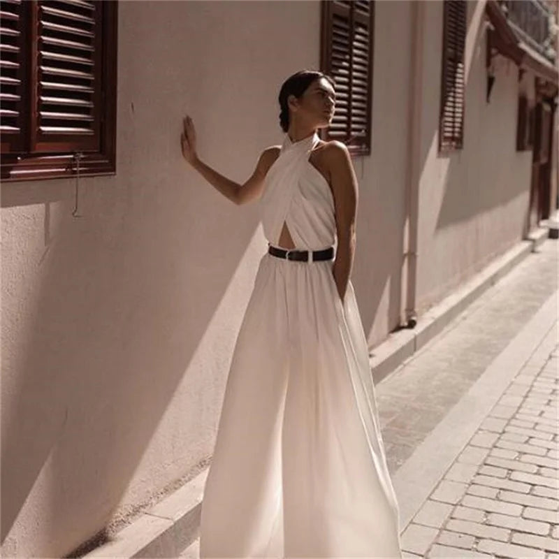 2025 European American Style New Women'S Clothing Fashion Sexy Jumpsuits Sleeveless Halter Neck Halter Jumpsuit Trousers White