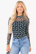 Bodysuit de malla negro con estampado de trébol, manga larga y cuello alto