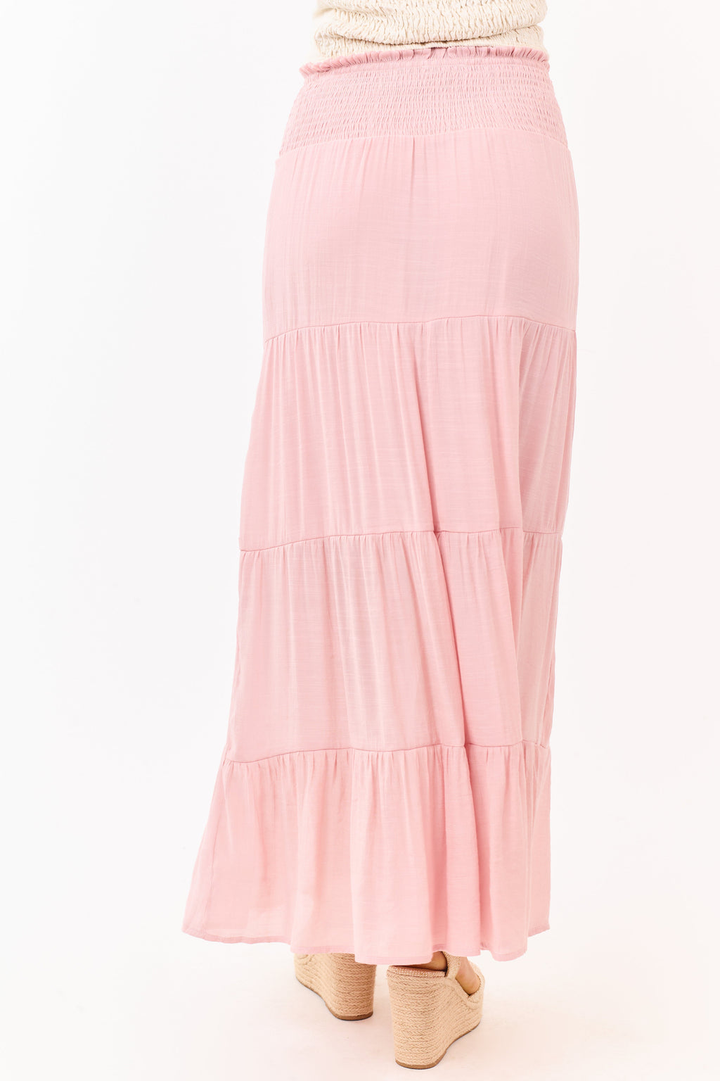 Falda maxi en capas rosa polvo con cintura fruncida