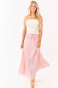 Falda maxi en capas rosa polvo con cintura fruncida