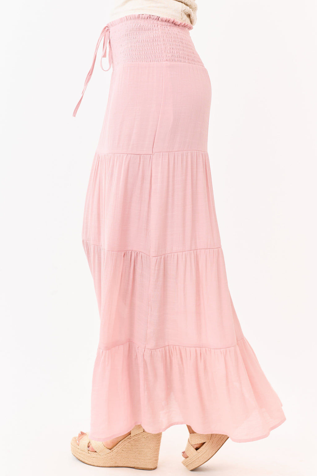 Falda maxi en capas rosa polvo con cintura fruncida