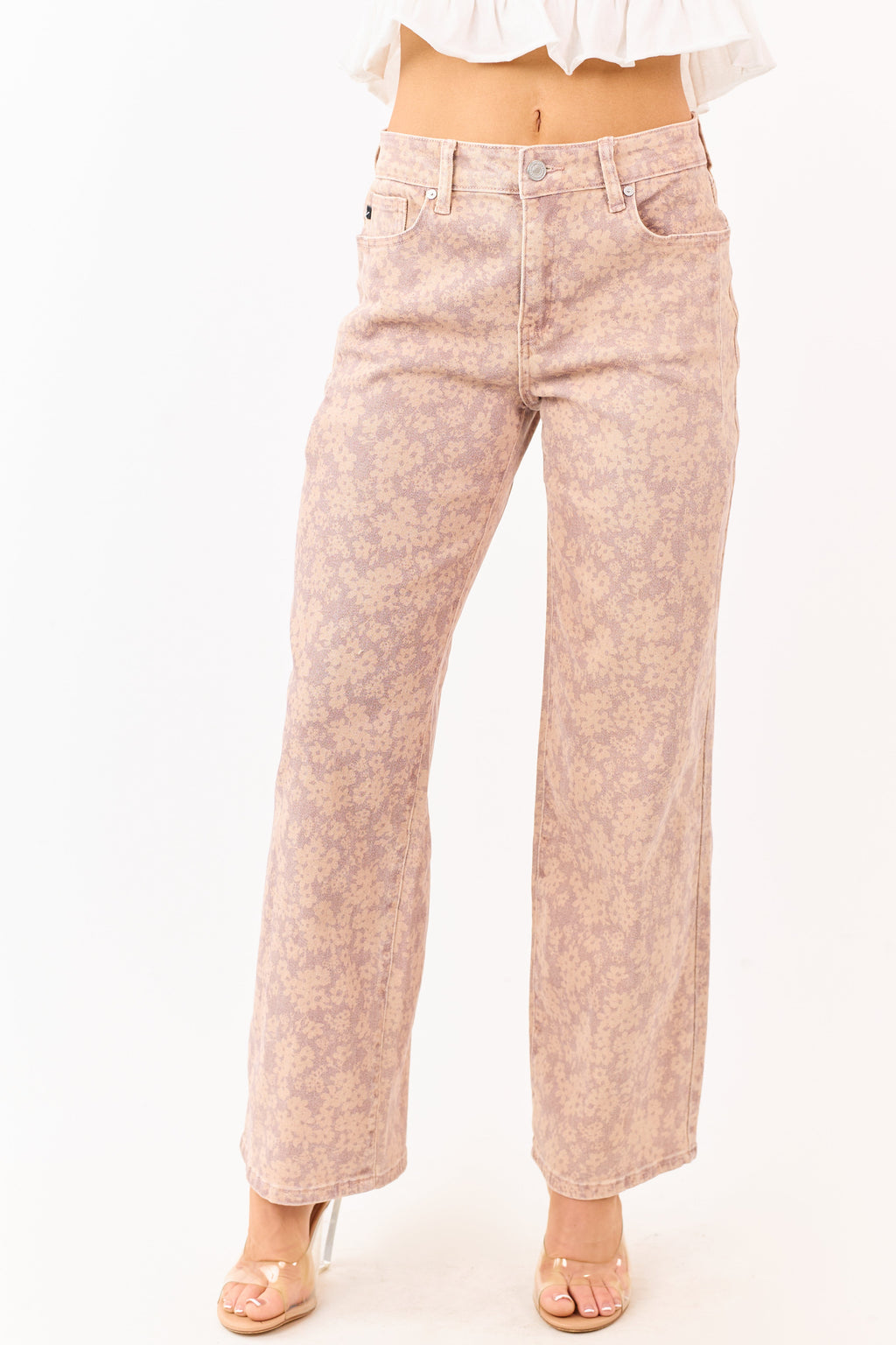KanCan jeans de pierna ancha con estampado floral en malva y elastano – comodidad sin esfuerzo y caída fluida