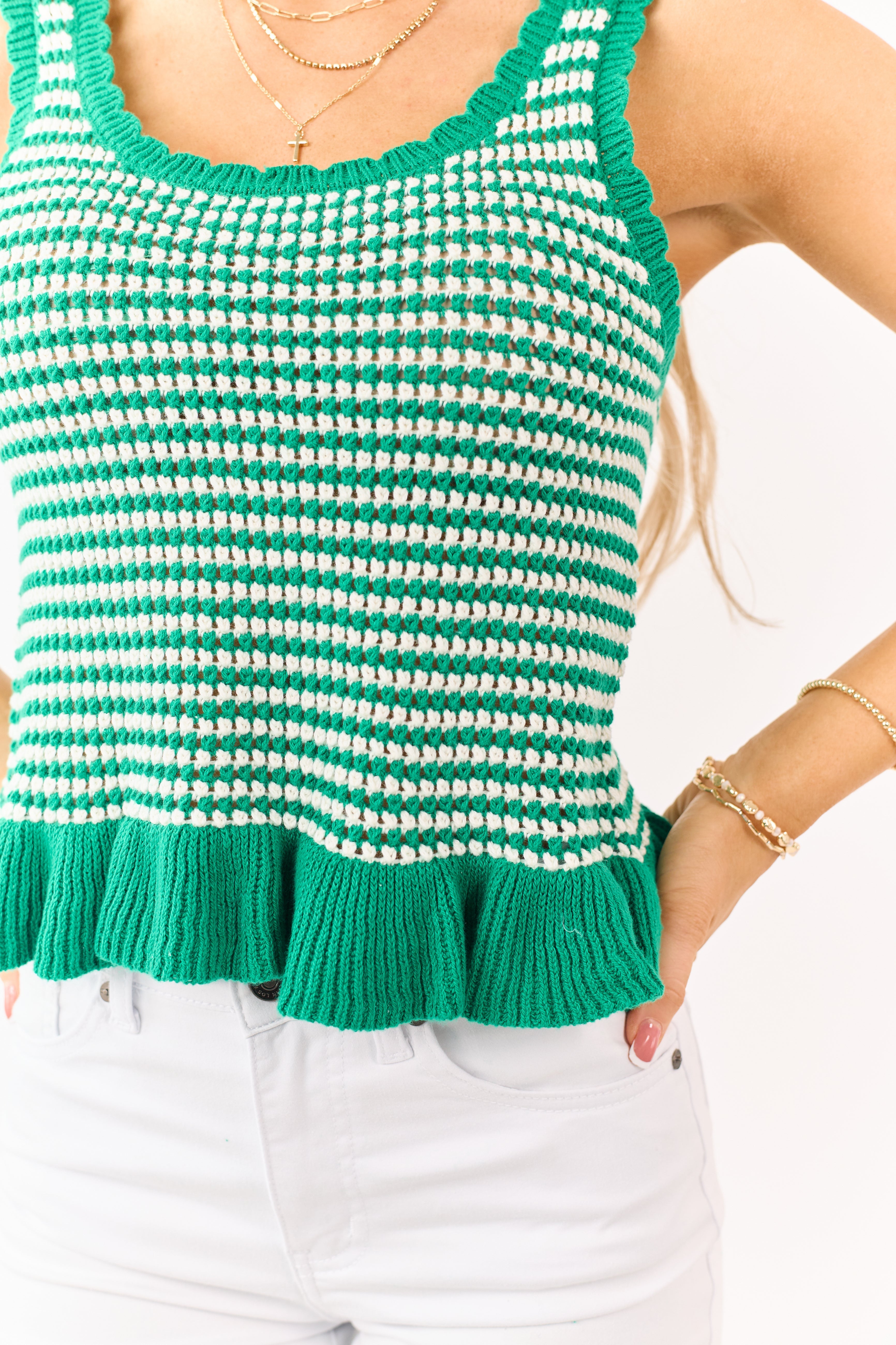 Camiseta sin mangas de algodón verde Kelly a rayas con tejido calado – Ligera y fresca para el verano