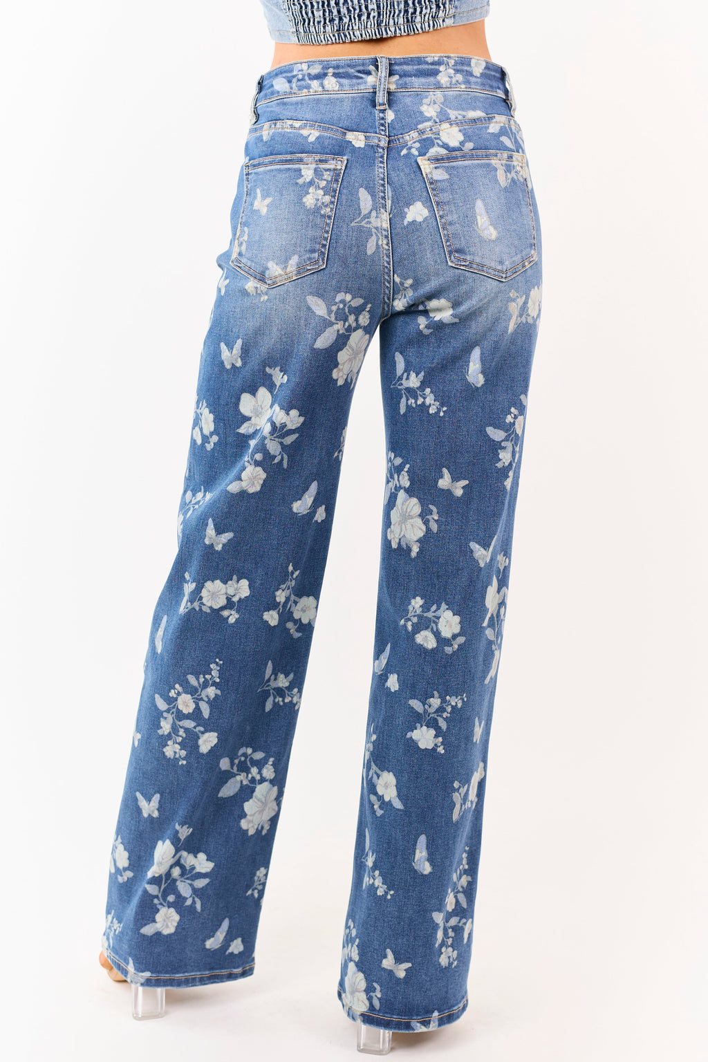 Mica Denim Jeans con estampado floral, stretch, de pierna ancha, lavado medio