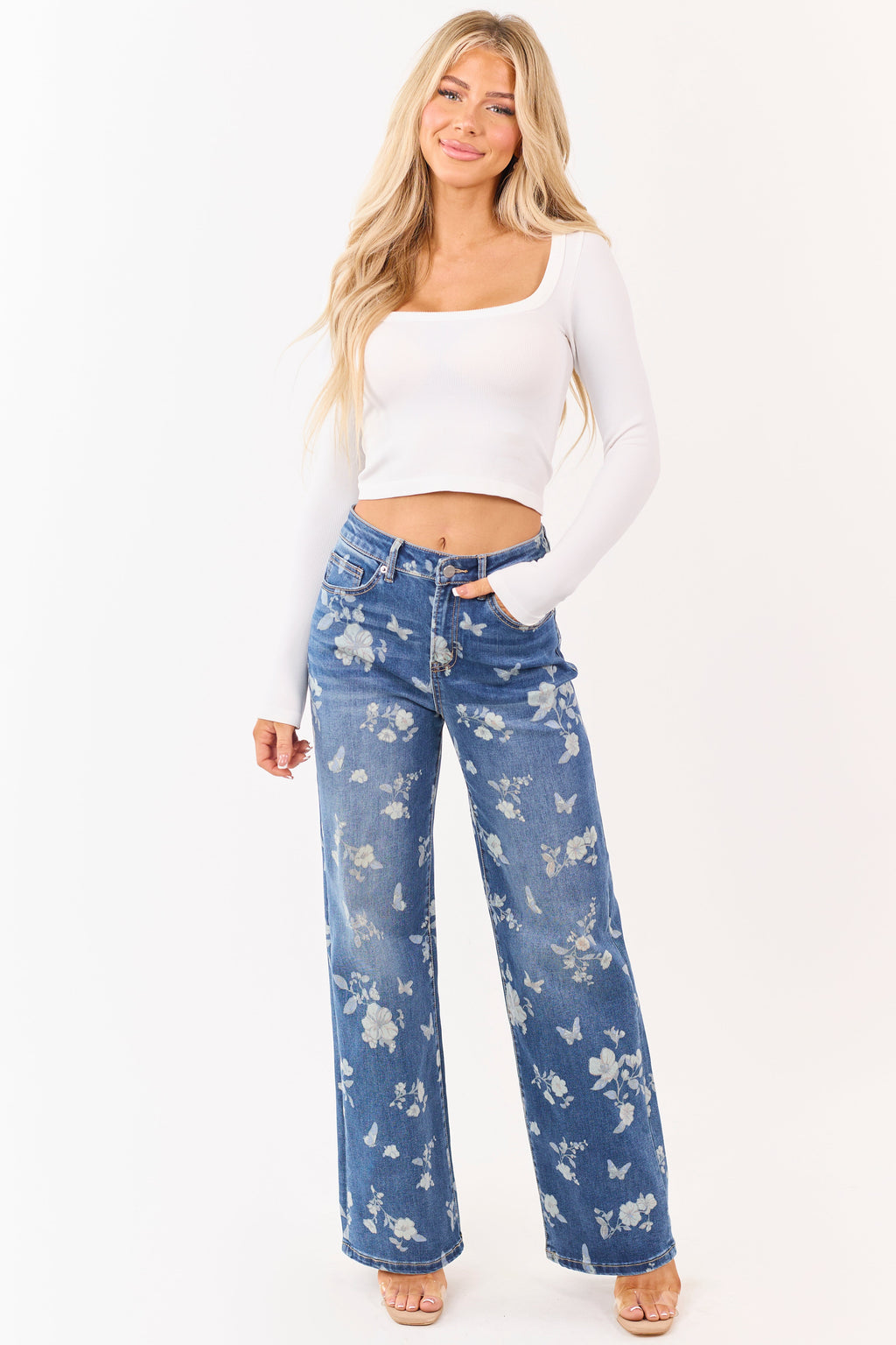 Mica Denim Jeans con estampado floral, stretch, de pierna ancha, lavado medio