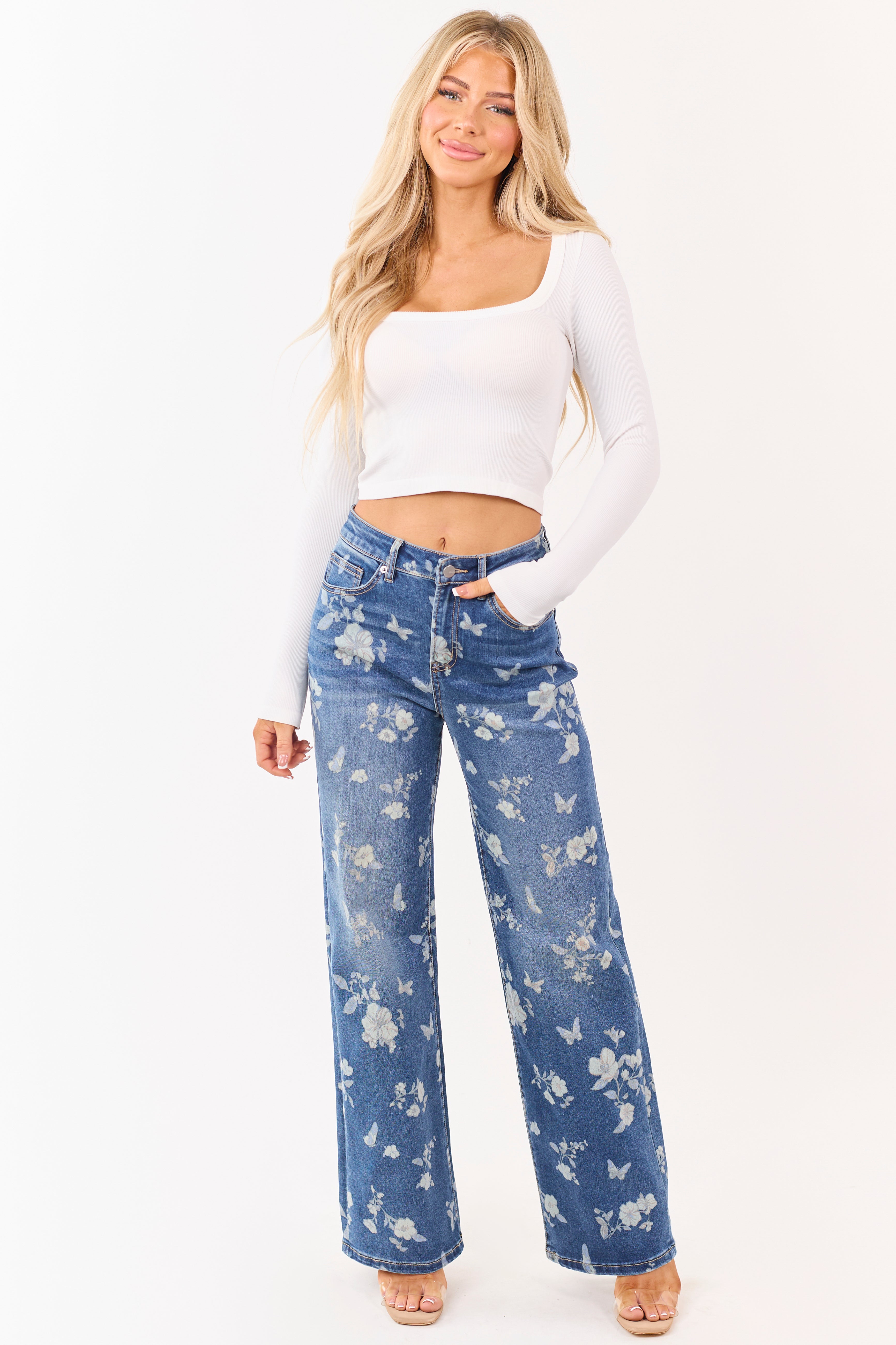Mica Denim Jeans con estampado floral, stretch, de pierna ancha, lavado medio