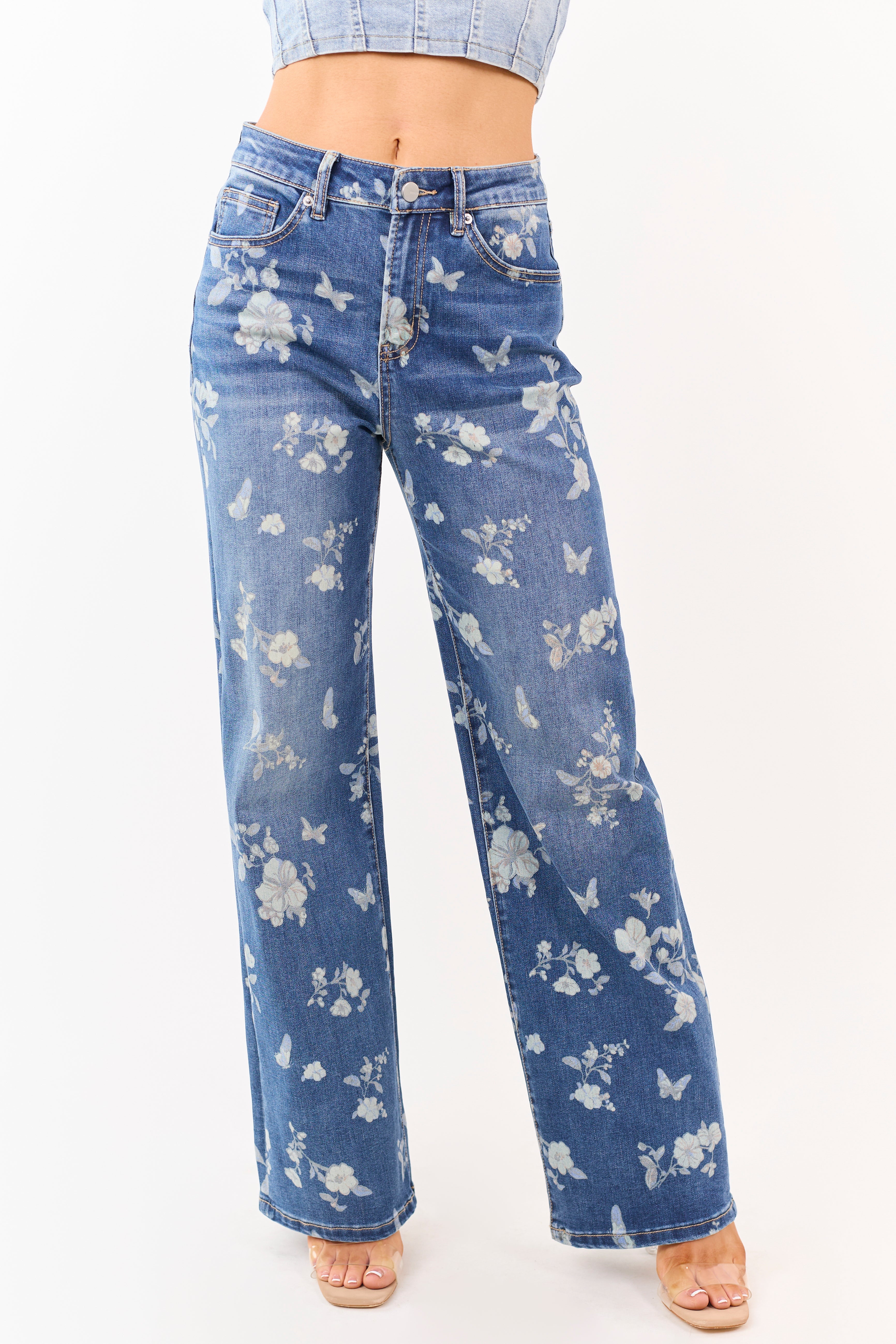 Mica Denim Jeans con estampado floral, stretch, de pierna ancha, lavado medio