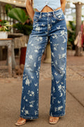 Mica Denim Jeans con estampado floral, stretch, de pierna ancha, lavado medio