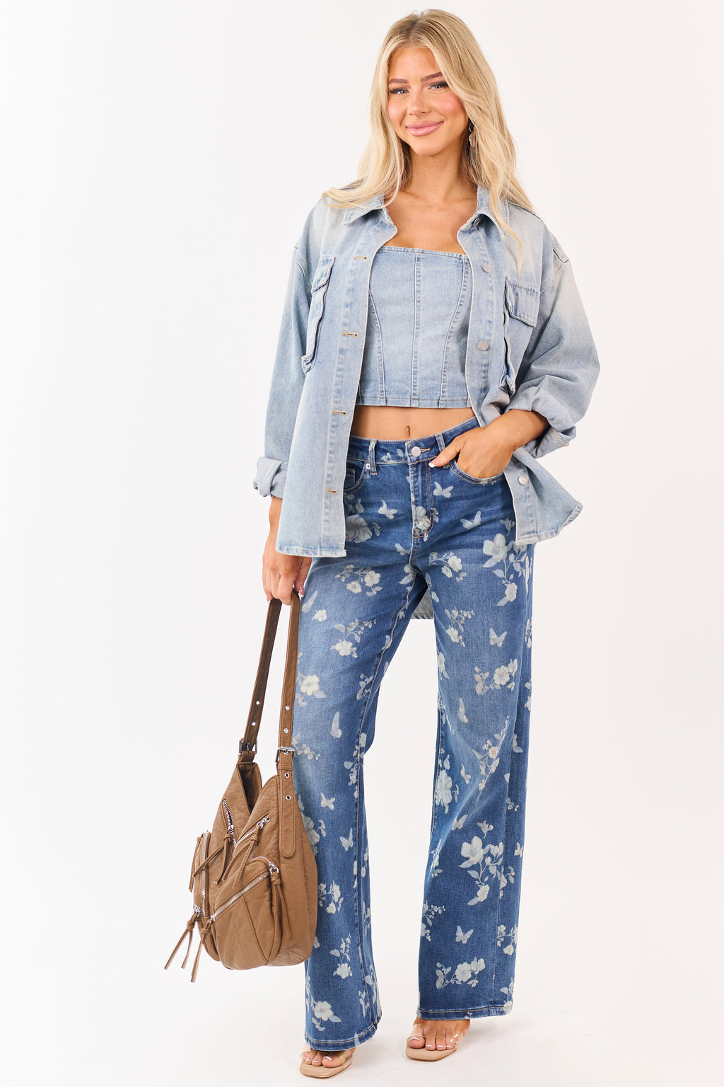 Mica Denim Jeans con estampado floral, stretch, de pierna ancha, lavado medio