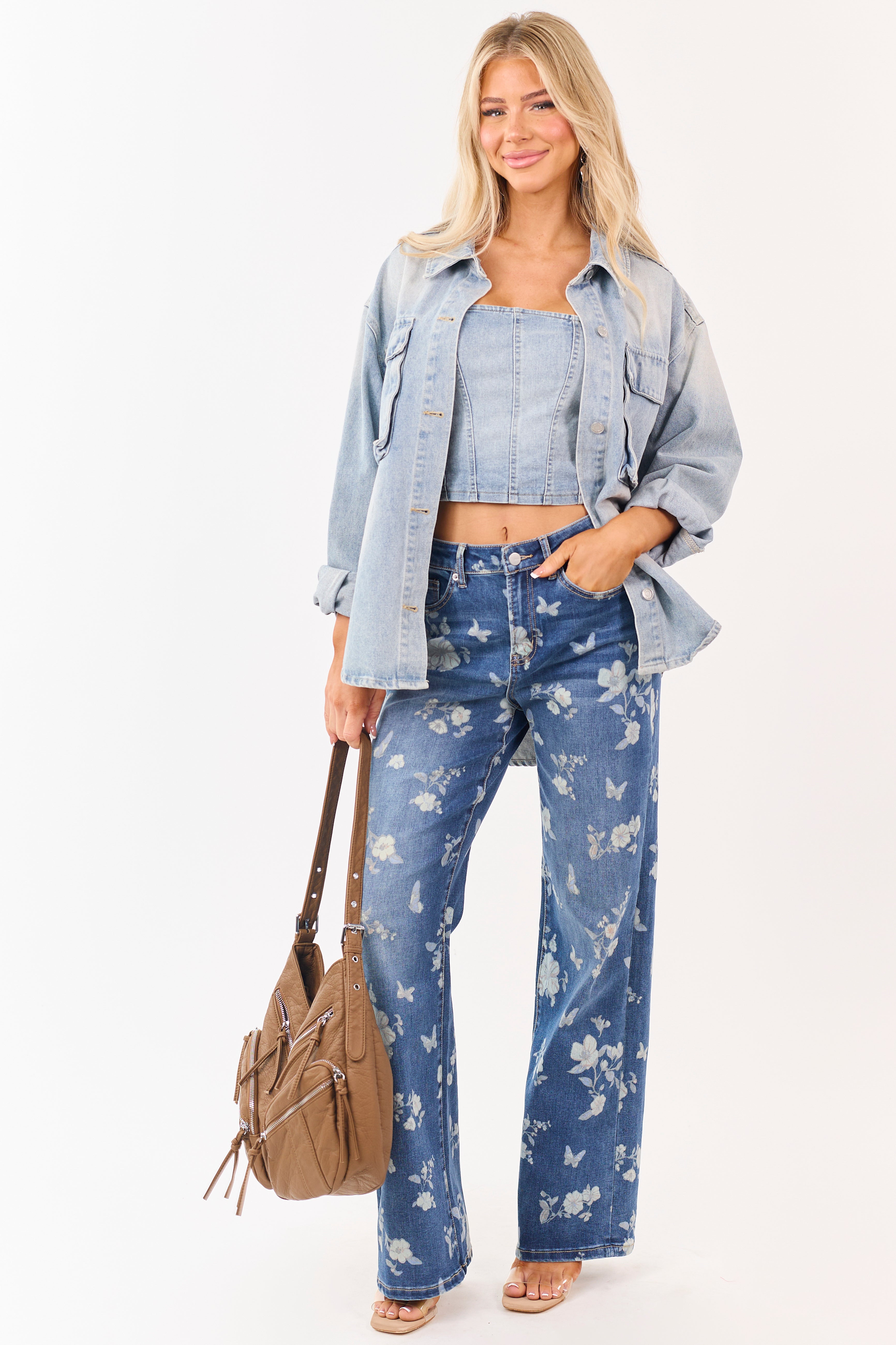 Mica Denim Jeans con estampado floral, stretch, de pierna ancha, lavado medio