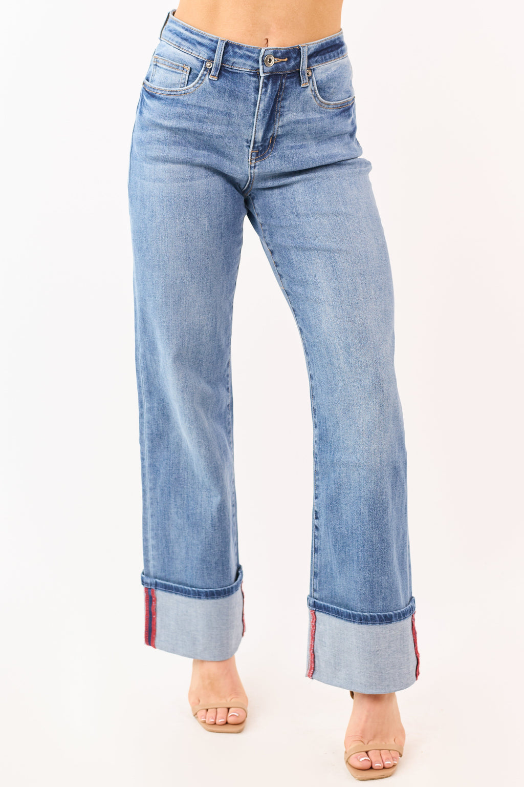Mica Denim vaqueros elásticos de lavado medio de pierna ancha con dobladillo doblado
