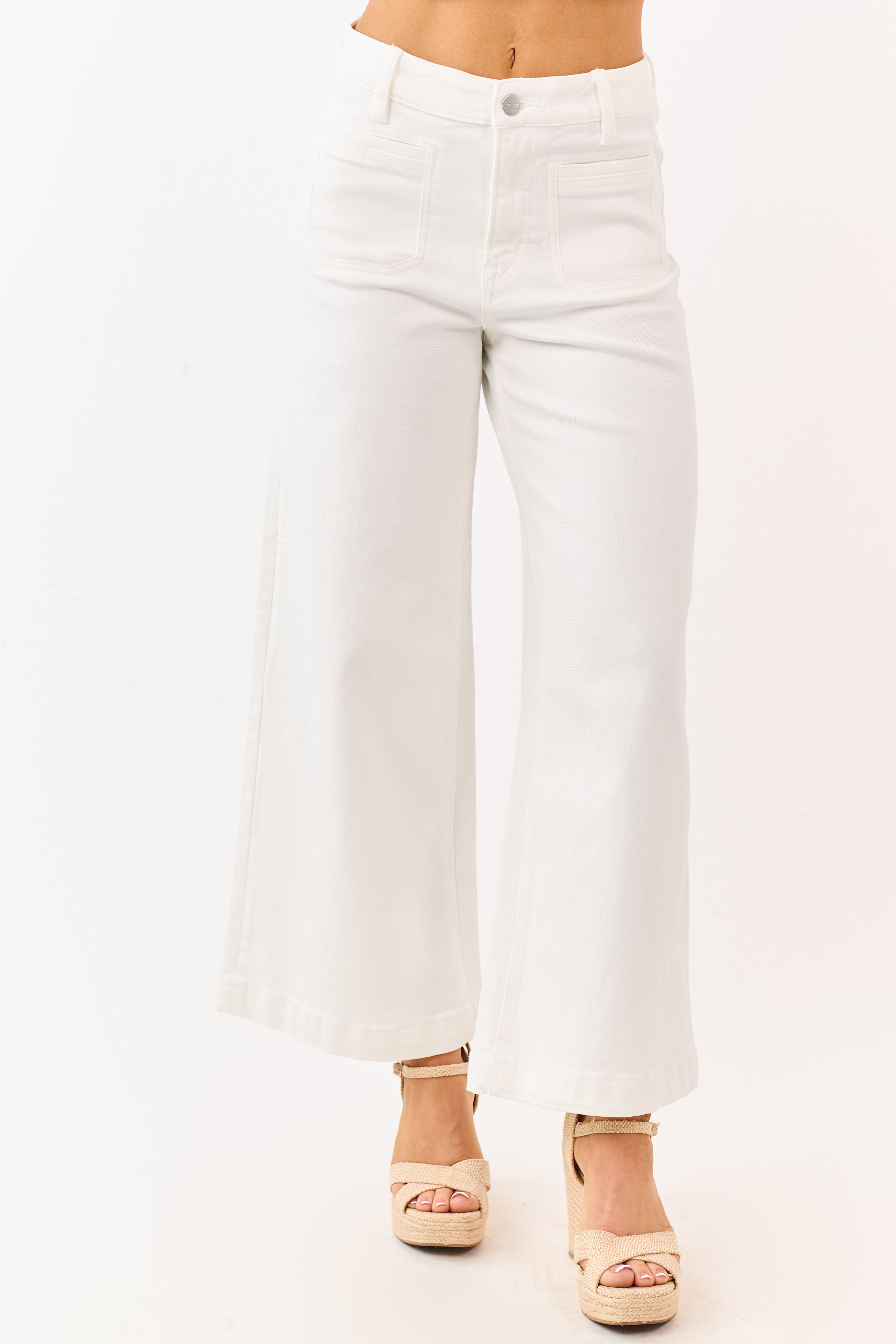 Mica Denim Jeans de pierna ancha en denim blanco con elastano y bolsillos de parche