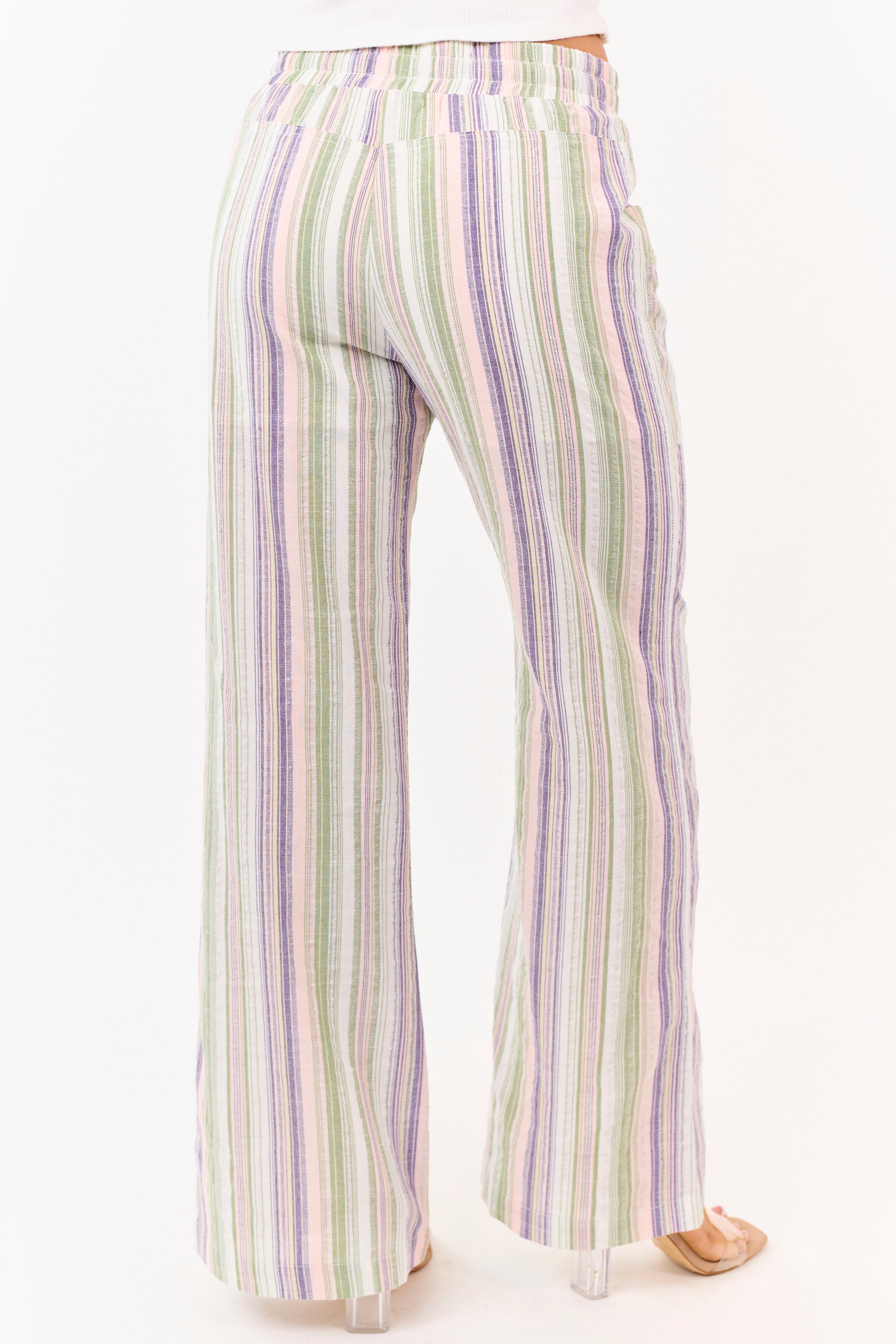 Pantalones de algodón a rayas pistacho con cintura elástica y pierna ancha