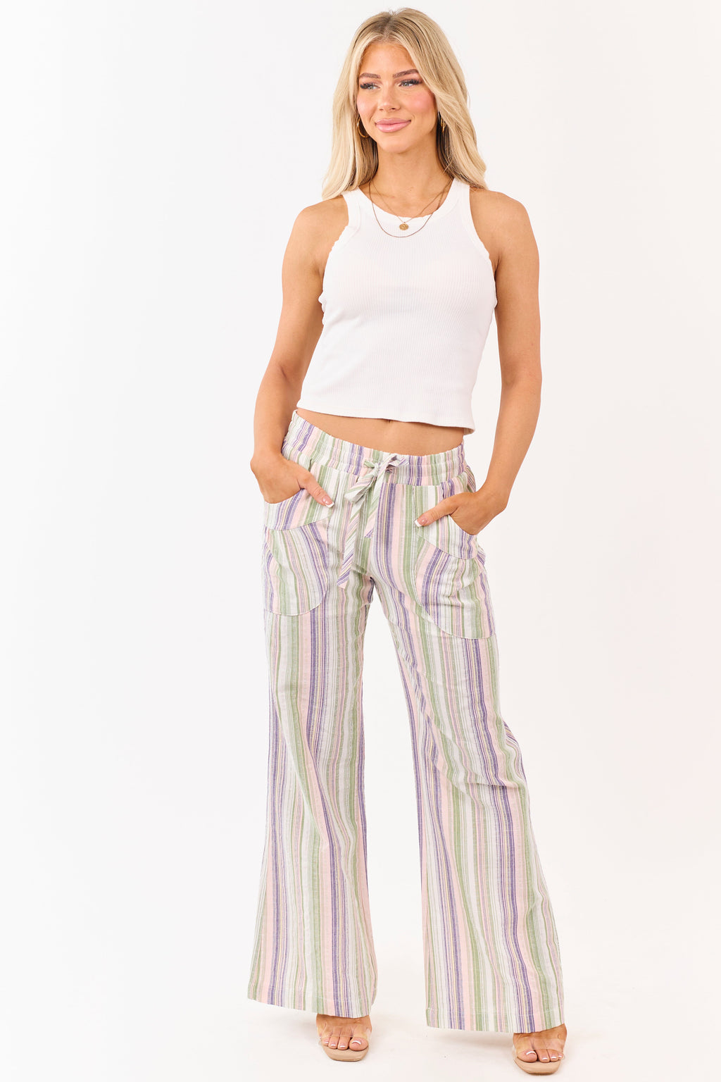 Pantalones de algodón a rayas pistacho con cintura elástica y pierna ancha