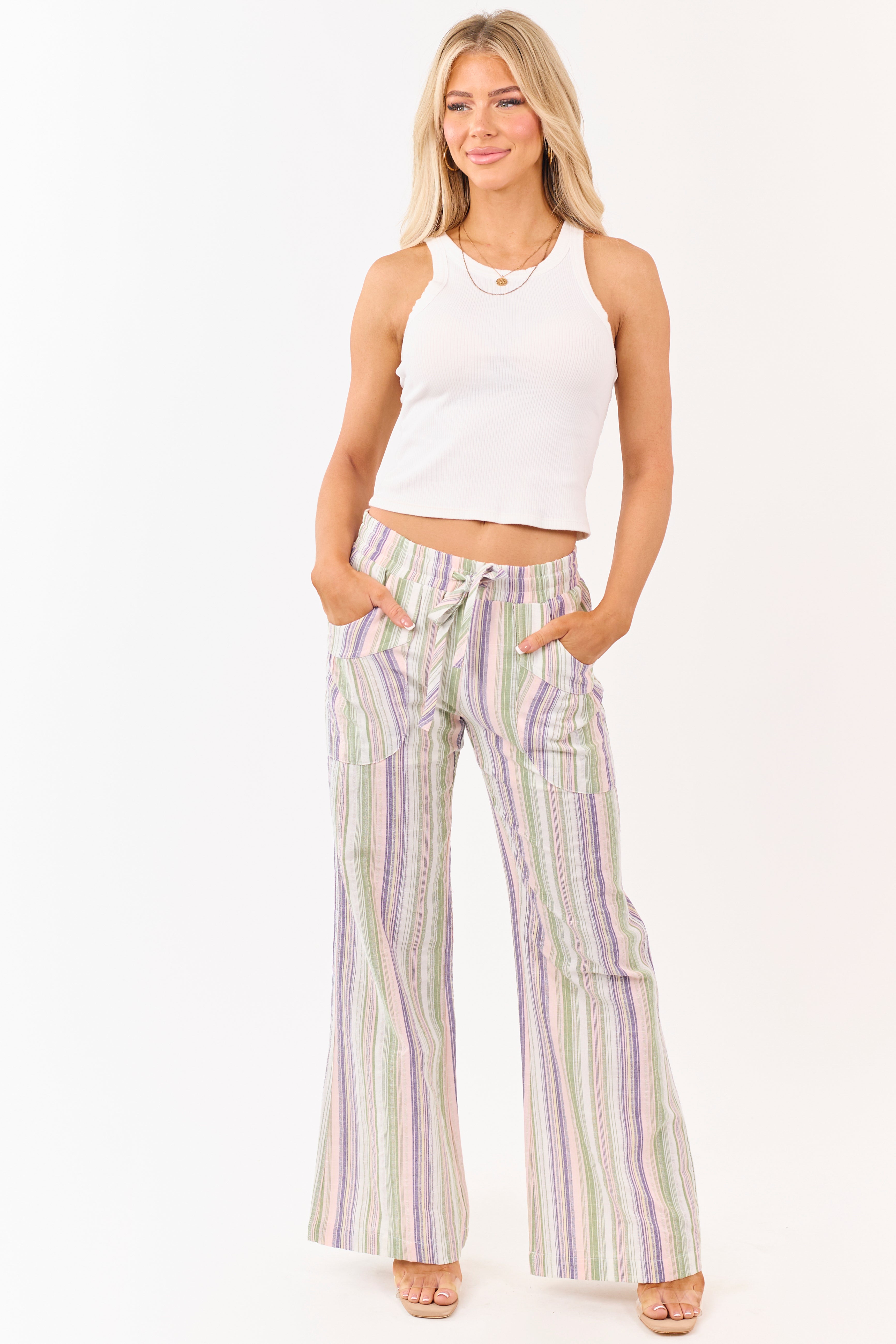 Pantalones de algodón a rayas pistacho con cintura elástica y pierna ancha