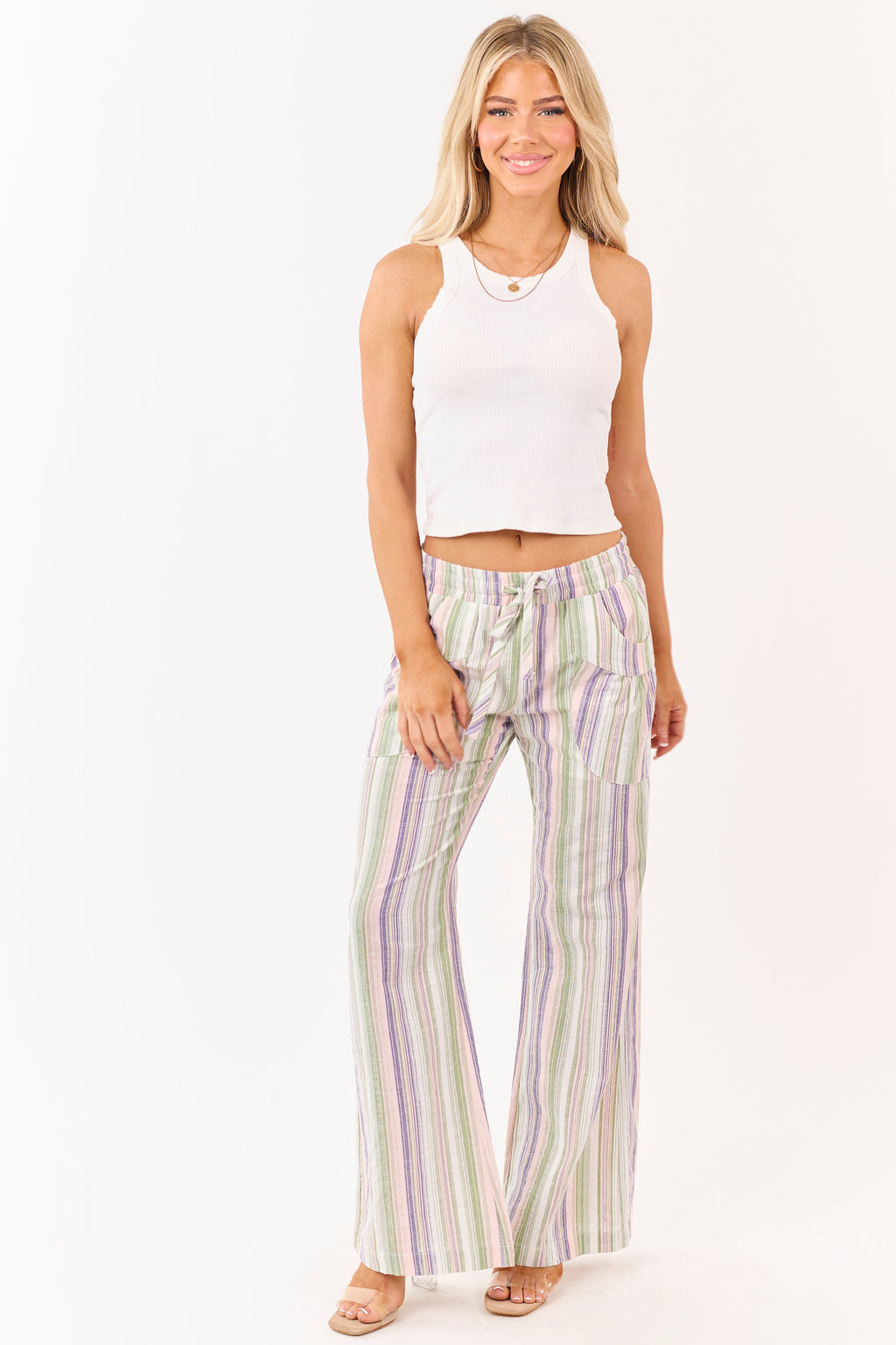 Pantalones de algodón a rayas pistacho con cintura elástica y pierna ancha
