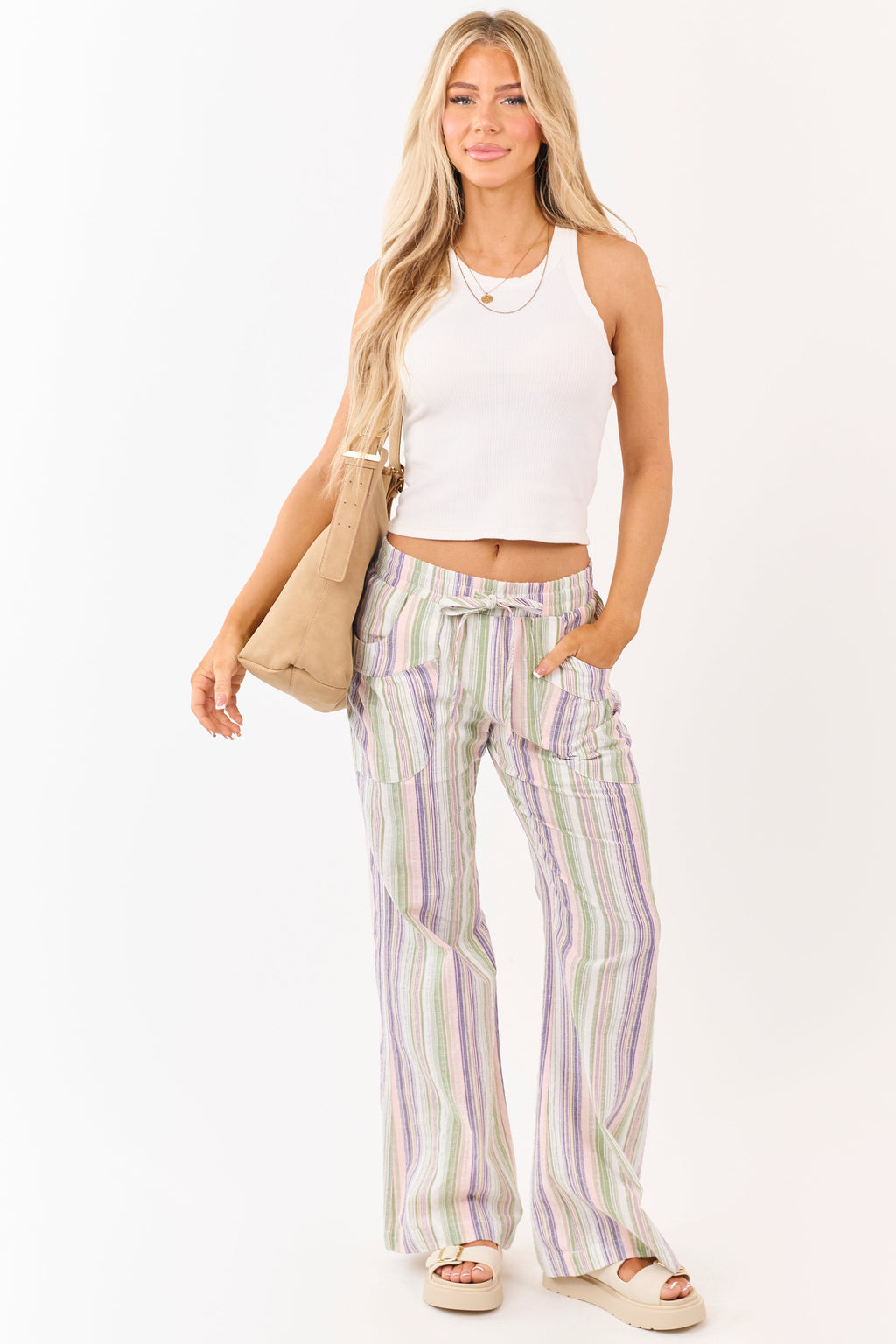Pantalones de algodón a rayas pistacho con cintura elástica y pierna ancha
