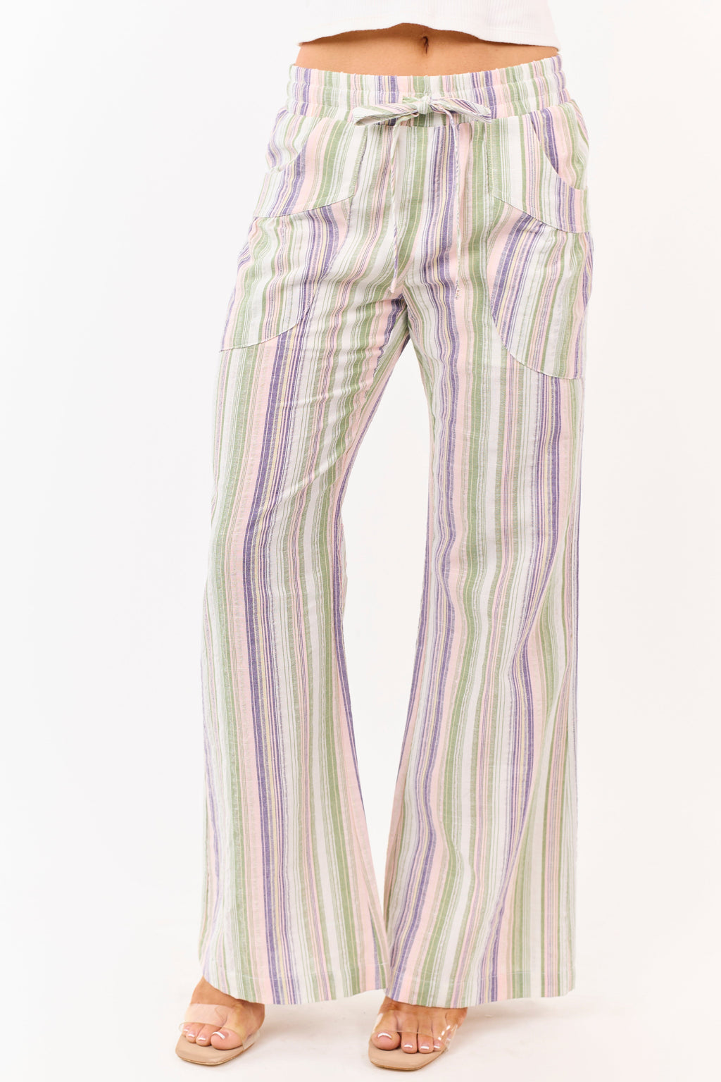 Pantalones de algodón a rayas pistacho con cintura elástica y pierna ancha