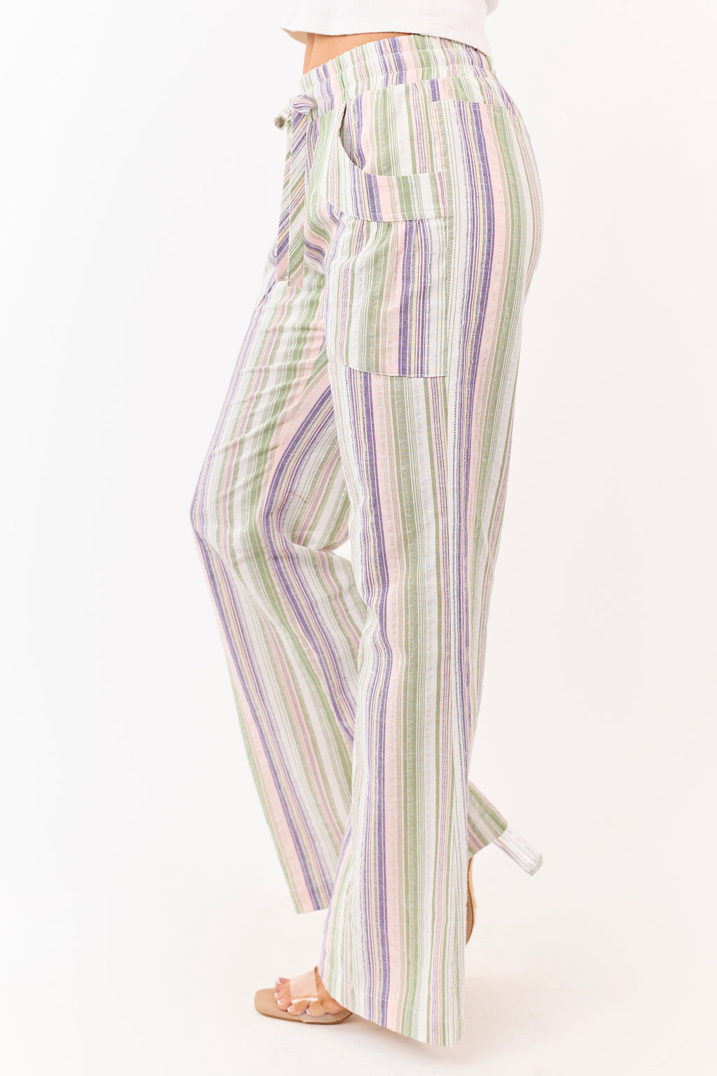 Pantalones de algodón a rayas pistacho con cintura elástica y pierna ancha