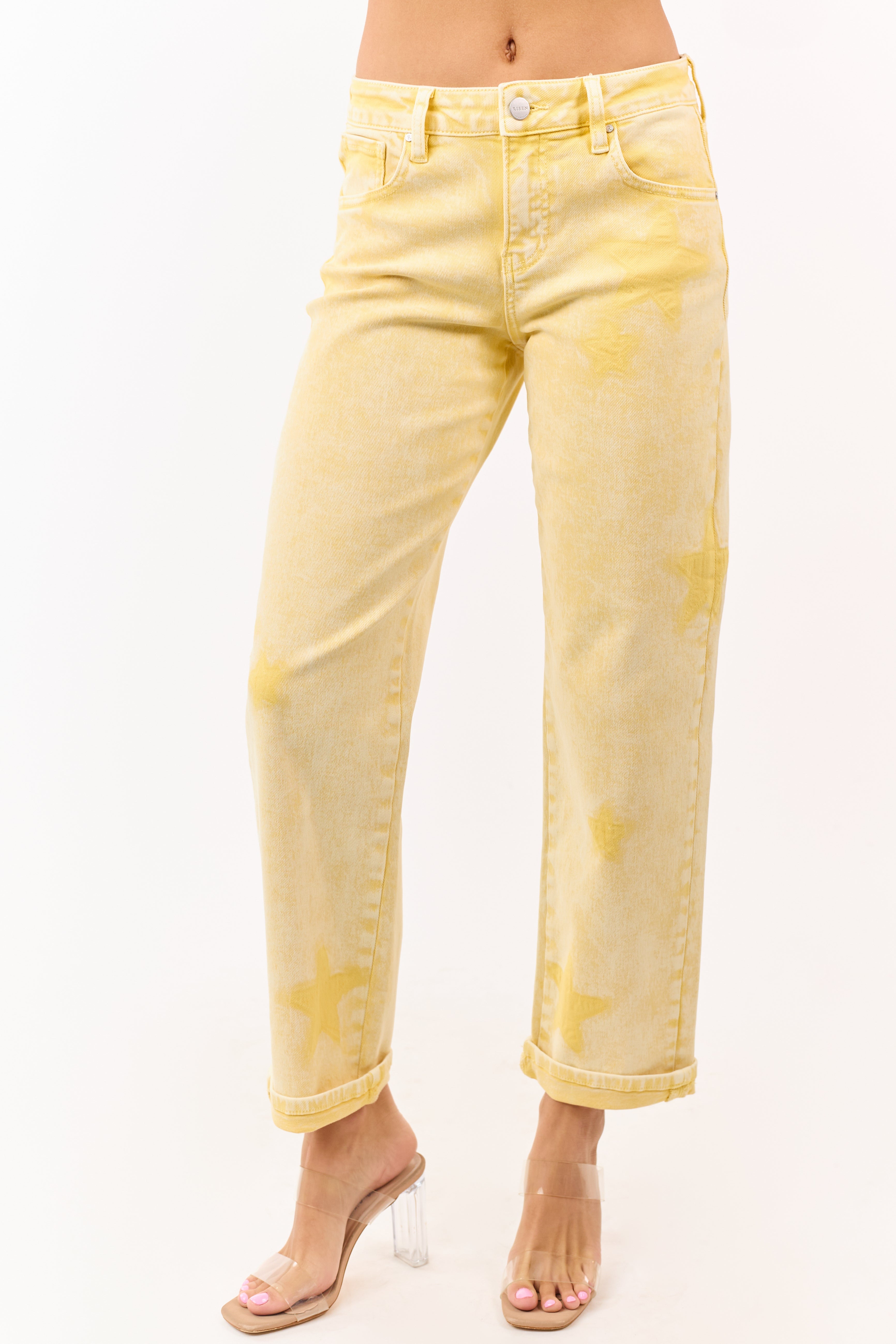 Risen vaqueros slim elásticos lavado limón con detalle de estrellas, estilo barril