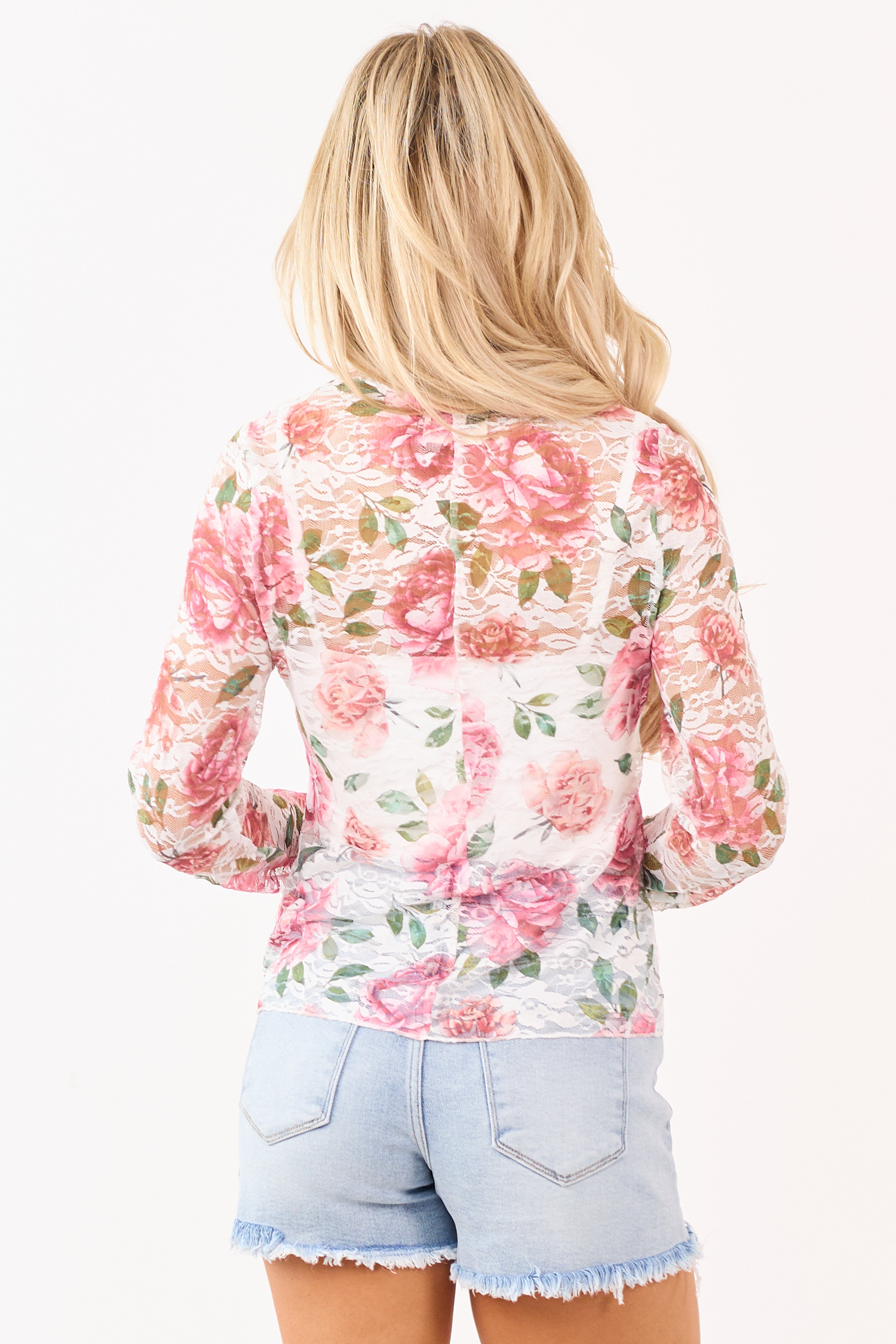 Top transparente elegante blanco vintage con encaje floral y estampado de rosas