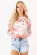 Top transparente elegante blanco vintage con encaje floral y estampado de rosas