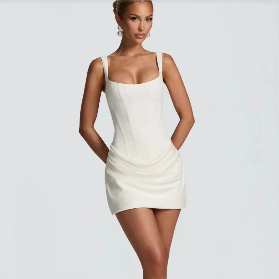 2026 New Women'S Square Neck Halter Mini Dress Sexy Pleated Sleeveless Backless High Waist Bodycon Summer Party Dress